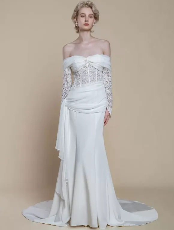 Boho Wedding Dress Polyester Lace Sheath With Train Natural Waist Zipper Long Sleeves Bateau Neck Ivory