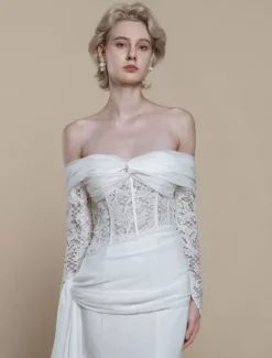 Boho Wedding Dress Polyester Lace Sheath With Train Natural Waist Zipper Long Sleeves Bateau Neck Ivory
