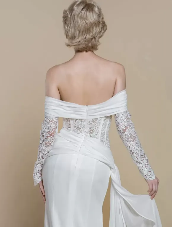 Boho Wedding Dress Polyester Lace Sheath With Train Natural Waist Zipper Long Sleeves Bateau Neck Ivory