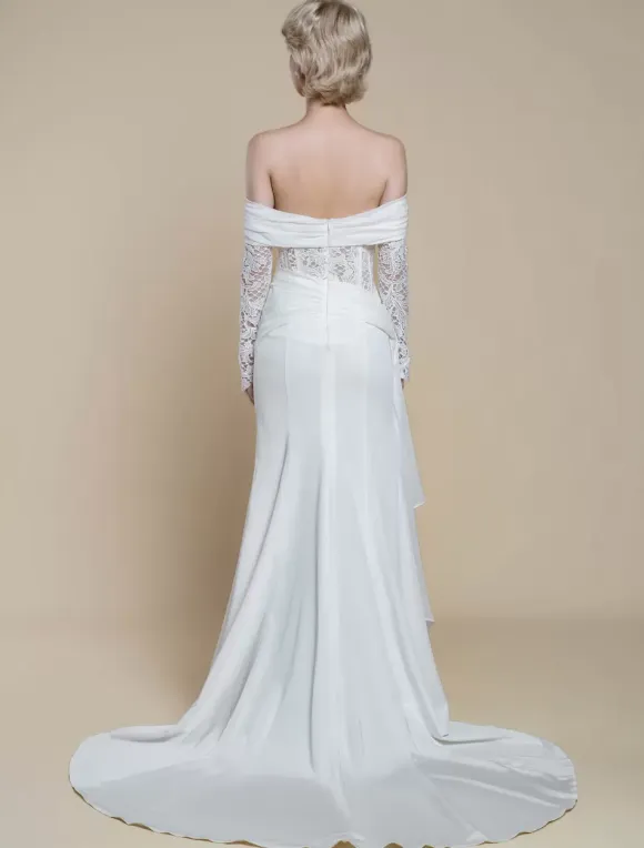 Boho Wedding Dress Polyester Lace Sheath With Train Natural Waist Zipper Long Sleeves Bateau Neck Ivory