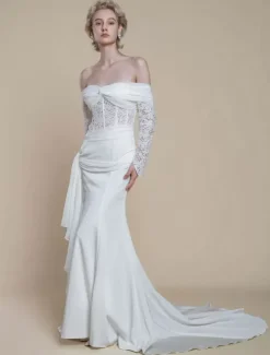 Boho Wedding Dress Polyester Lace Sheath With Train Natural Waist Zipper Long Sleeves Bateau Neck Ivory