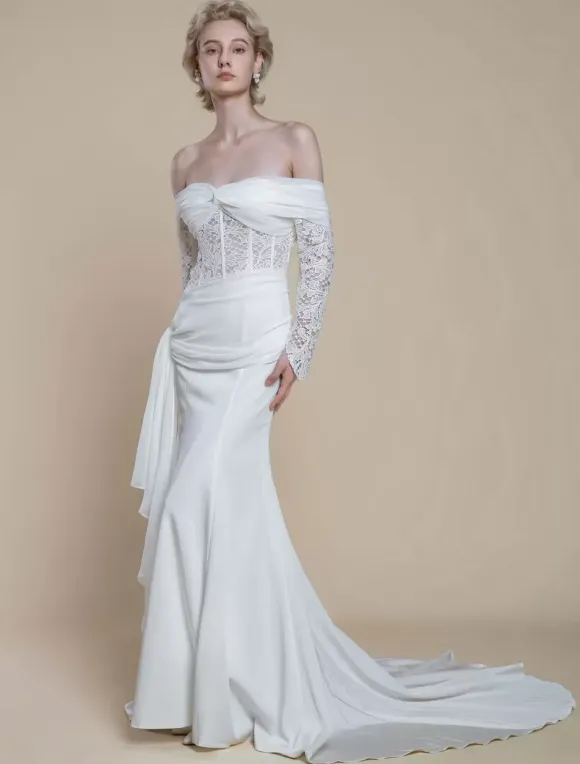 Boho Wedding Dress Polyester Lace Sheath With Train Natural Waist Zipper Long Sleeves Bateau Neck Ivory