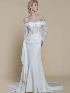 Boho Wedding Dress Polyester Lace Sheath With Train Natural Waist Zipper Long Sleeves Bateau Neck Ivory