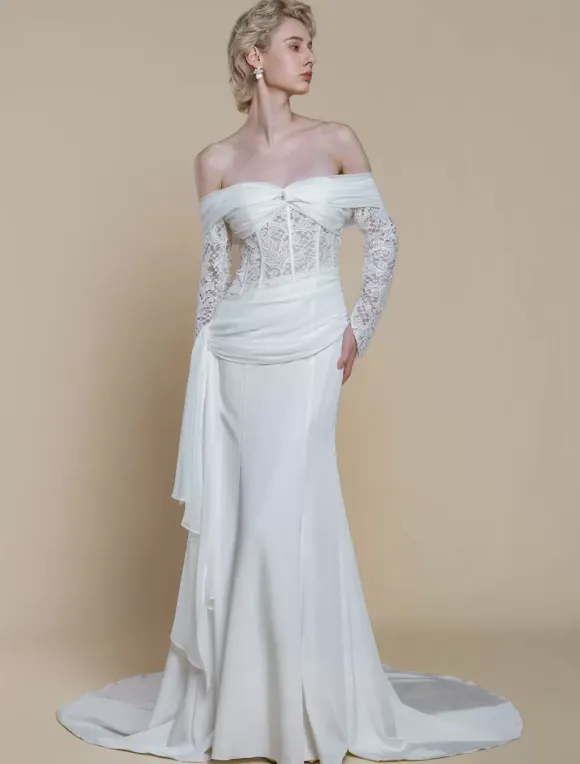 Boho Wedding Dress Polyester Lace Sheath With Train Natural Waist Zipper Long Sleeves Bateau Neck Ivory