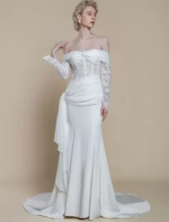 Boho Wedding Dress Polyester Lace Sheath With Train Natural Waist Zipper Long Sleeves Bateau Neck Ivory
