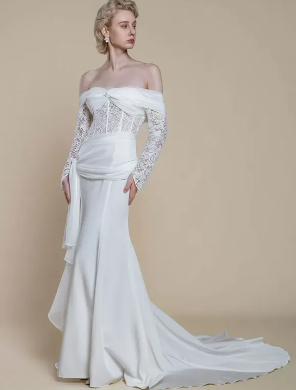 Boho Wedding Dress Polyester Lace Sheath With Train Natural Waist Zipper Long Sleeves Bateau Neck Ivory