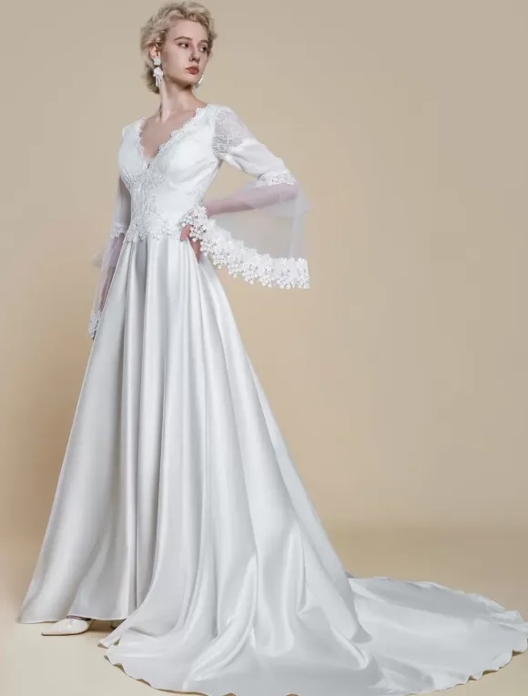 Boho Wedding Dress Polyester Lace Ball Gown With Train Natural Waist Backless Long Sleeves V-Neck Ivory