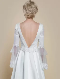 Boho Wedding Dress Polyester Lace Ball Gown With Train Natural Waist Backless Long Sleeves V-Neck Ivory