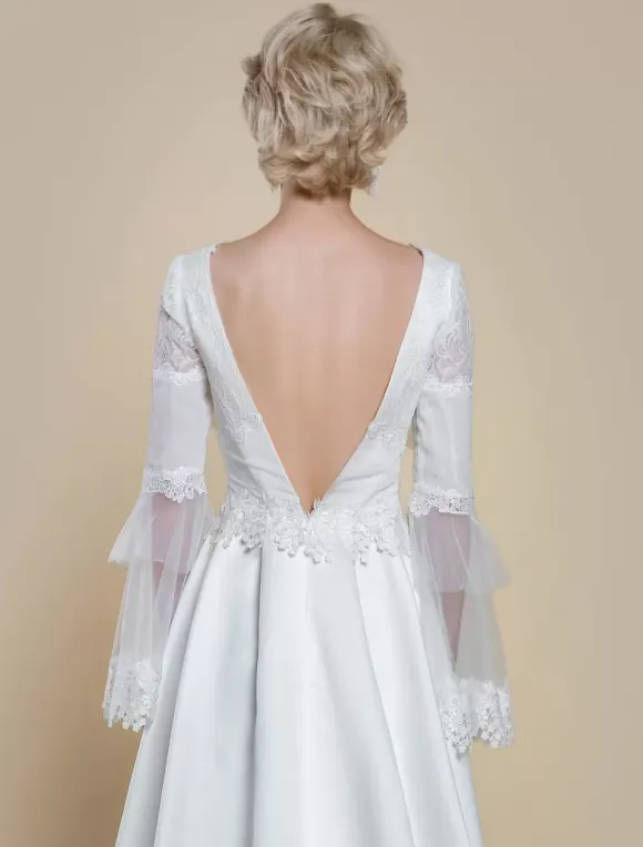Boho Wedding Dress Polyester Lace Ball Gown With Train Natural Waist Backless Long Sleeves V-Neck Ivory