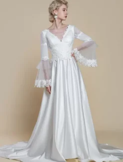 Boho Wedding Dress Polyester Lace Ball Gown With Train Natural Waist Backless Long Sleeves V-Neck Ivory