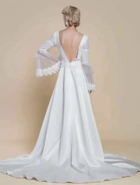 Boho Wedding Dress Polyester Lace Ball Gown With Train Natural Waist Backless Long Sleeves V-Neck Ivory