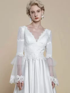 Boho Wedding Dress Polyester Lace Ball Gown With Train Natural Waist Backless Long Sleeves V-Neck Ivory