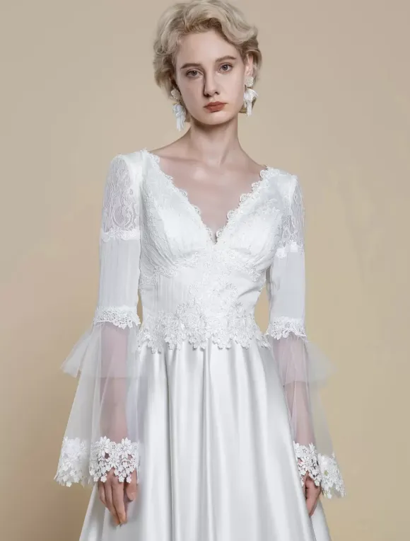 Boho Wedding Dress Polyester Lace Ball Gown With Train Natural Waist Backless Long Sleeves V-Neck Ivory