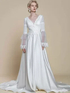 Boho Wedding Dress Polyester Lace Ball Gown With Train Natural Waist Backless Long Sleeves V-Neck Ivory