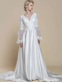 Boho Wedding Dress Polyester Lace Ball Gown With Train Natural Waist Backless Long Sleeves V-Neck Ivory
