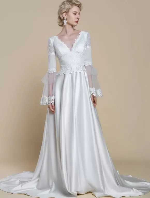 Boho Wedding Dress Polyester Lace Ball Gown With Train Natural Waist Backless Long Sleeves V-Neck Ivory