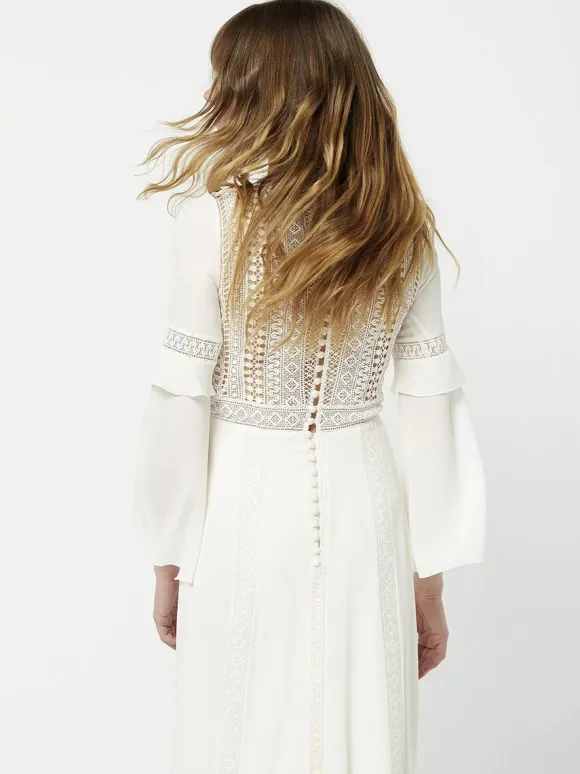 Boho Wedding Dress Stretch Crepe Lace A-Line Sweep Natural Waist Wedding Dress Functional Buttons Long Sleeves V-Neck Ivory