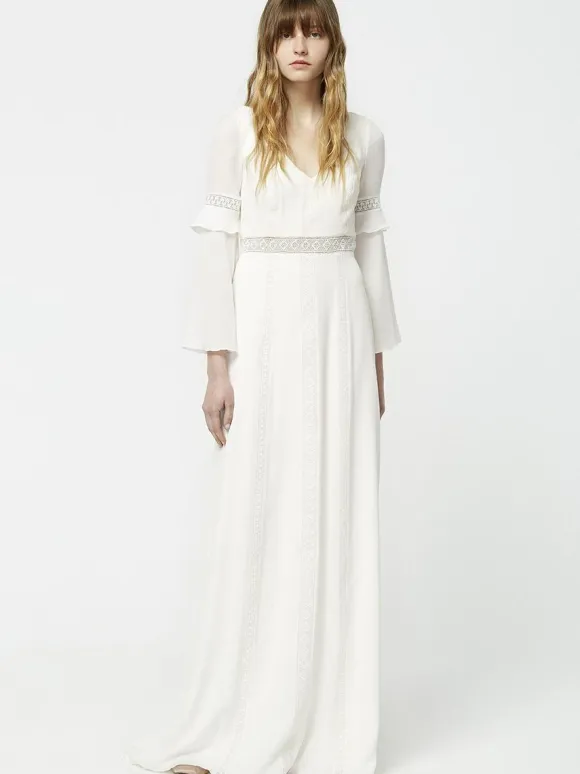 Boho Wedding Dress Stretch Crepe Lace A-Line Sweep Natural Waist Wedding Dress Functional Buttons Long Sleeves V-Neck Ivory