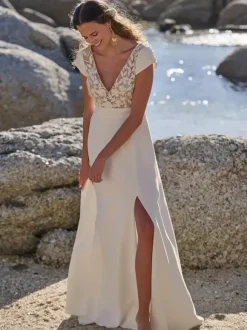 Boho Wedding Dress Stretch Crepe Lace A-Line With Train Natural Waist Zipper Short Sleeves V-Neck White