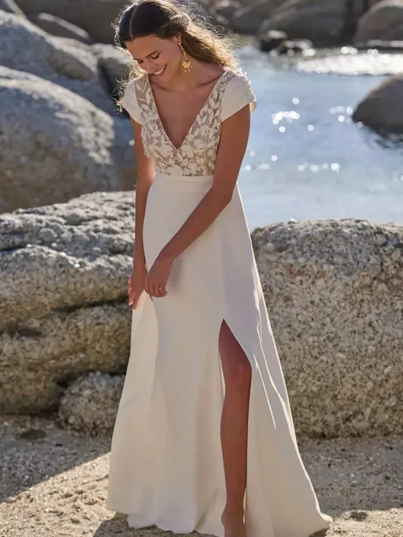Boho Wedding Dress Stretch Crepe Lace A-Line With Train Natural Waist Zipper Short Sleeves V-Neck White