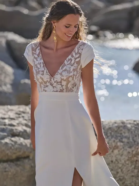 Boho Wedding Dress Stretch Crepe Lace A-Line With Train Natural Waist Zipper Short Sleeves V-Neck White