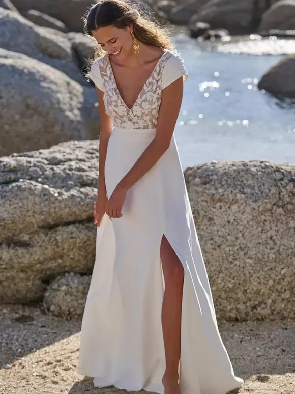 Boho Wedding Dress Stretch Crepe Lace A-Line With Train Natural Waist Zipper Short Sleeves V-Neck White