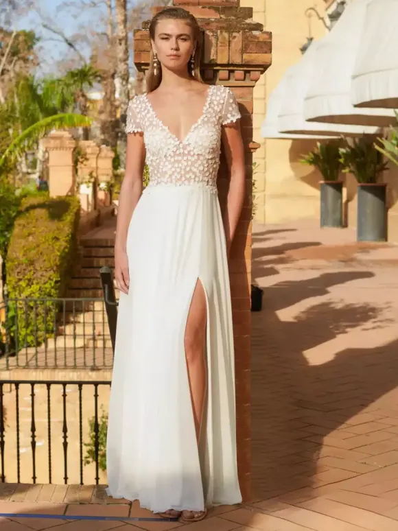 Boho Wedding Dress V-Neck Short Sleeves With Train Lace Bridal Gowns