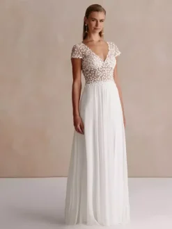 Boho Wedding Dress V-Neck Short Sleeves With Train Lace Bridal Gowns