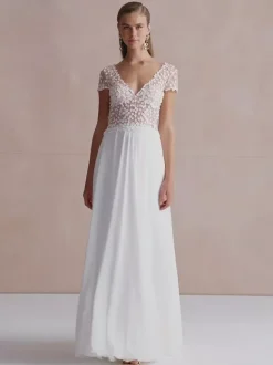 Boho Wedding Dress V-Neck Short Sleeves With Train Lace Bridal Gowns