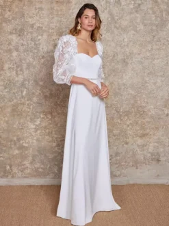 Boho Wedding Dress With Train A-Line 3/4 Length Sleeves Satin Fabric Sweetheart Neck Bridal Gowns