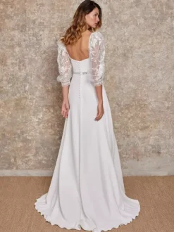 Boho Wedding Dress With Train A-Line 3/4 Length Sleeves Satin Fabric Sweetheart Neck Bridal Gowns