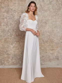 Boho Wedding Dress With Train A-Line 3/4 Length Sleeves Satin Fabric Sweetheart Neck Bridal Gowns