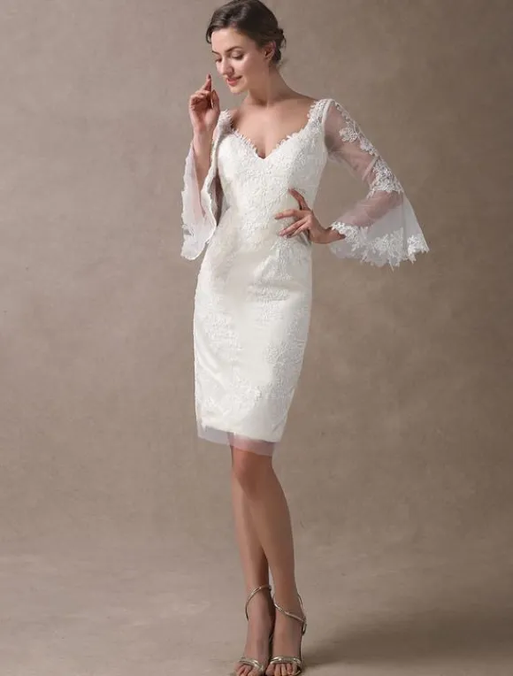Boho Wedding Dresses Short Sheath Beach Bridal Dress Bell Sleeve Lace Applique V-Neckline Knee Length Summer Wedding Gowns Free Customization