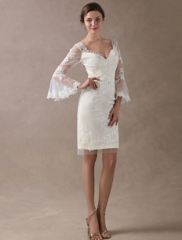Boho Wedding Dresses Short Sheath Beach Bridal Dress Bell Sleeve Lace Applique V-Neckline Knee Length Summer Wedding Gowns Free Customization