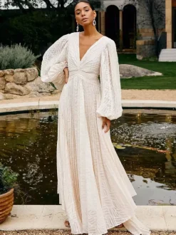 Boho Backless Maxi Dress For Women - Cloud White Deep V Neck Lantern Sleeve Pleated A-Line Gown - Spring Beach Wedding 2026