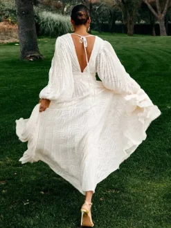 Boho Backless Maxi Dress For Women - Cloud White Deep V Neck Lantern Sleeve Pleated A-Line Gown - Spring Beach Wedding 2026