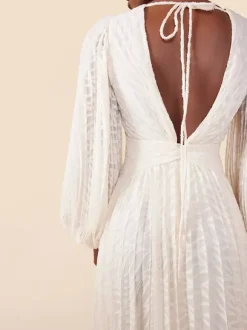 Boho Backless Maxi Dress For Women - Cloud White Deep V Neck Lantern Sleeve Pleated A-Line Gown - Spring Beach Wedding 2026