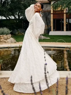 Boho Backless Maxi Dress For Women - Cloud White Deep V Neck Lantern Sleeve Pleated A-Line Gown - Spring Beach Wedding 2026