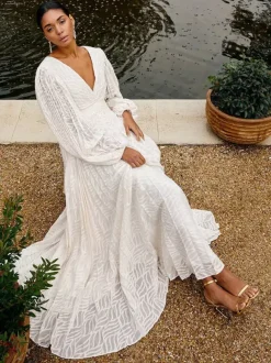 Boho Backless Maxi Dress For Women - Cloud White Deep V Neck Lantern Sleeve Pleated A-Line Gown - Spring Beach Wedding 2026