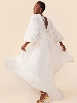 Boho Backless Maxi Dress For Women - Cloud White Deep V Neck Lantern Sleeve Pleated A-Line Gown - Spring Beach Wedding 2026
