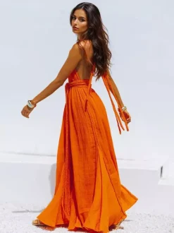 Boho Backless Maxi Dress for Women - Sexy Deep V Neck Halter Wrap Tie Waist Flowy Gown - Summer Beach Resort 2026