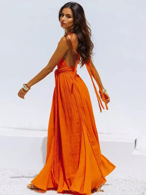 Boho Backless Maxi Dress for Women - Sexy Deep V Neck Halter Wrap Tie Waist Flowy Gown - Summer Beach Resort 2026