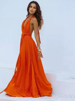 Boho Backless Maxi Dress for Women - Sexy Deep V Neck Halter Wrap Tie Waist Flowy Gown - Summer Beach Resort 2026