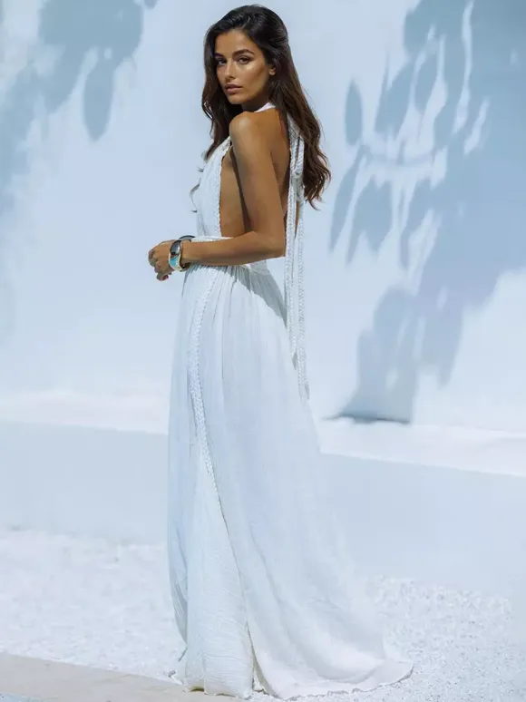 Boho Backless Maxi Dress for Women - Sexy Deep V Neck Halter Wrap Tie Waist Flowy Gown - Summer Beach Resort 2026