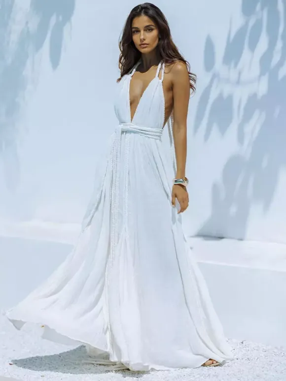 Boho Backless Maxi Dress for Women - Sexy Deep V Neck Halter Wrap Tie Waist Flowy Gown - Summer Beach Resort 2026