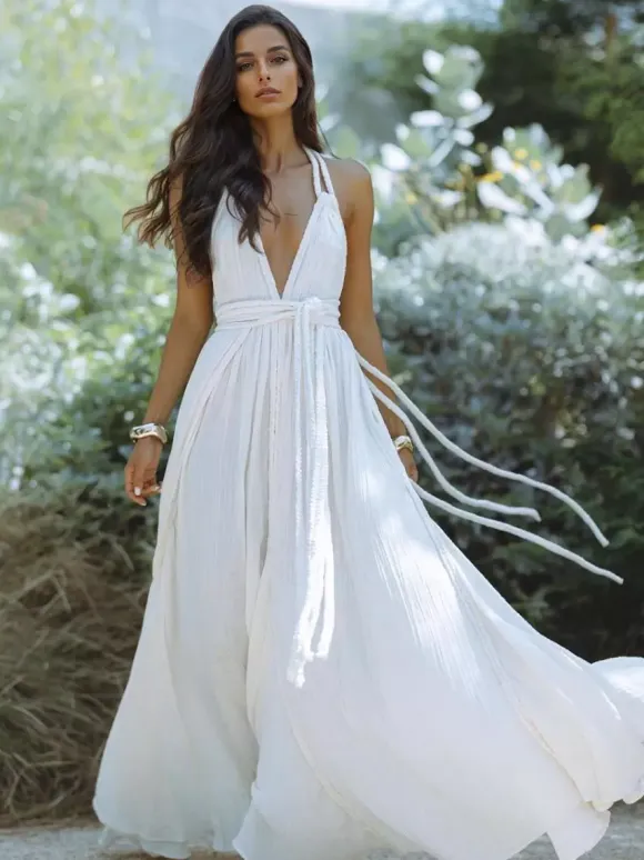 Boho Backless Maxi Dress for Women - Sexy Deep V Neck Halter Wrap Tie Waist Flowy Gown - Summer Beach Resort 2026