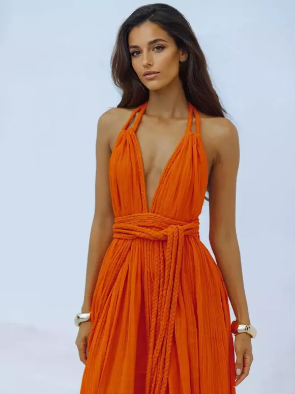 Boho Backless Maxi Dress for Women - Sexy Deep V Neck Halter Wrap Tie Waist Flowy Gown - Summer Beach Resort 2026