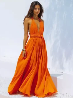 Boho Backless Maxi Dress for Women - Sexy Deep V Neck Halter Wrap Tie Waist Flowy Gown - Summer Beach Resort 2026