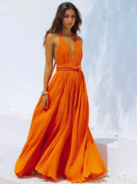Boho Backless Maxi Dress for Women - Sexy Deep V Neck Halter Wrap Tie Waist Flowy Gown - Summer Beach Resort 2026