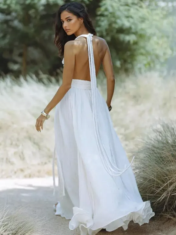 Boho Backless Maxi Dress for Women - Sexy Deep V Neck Halter Wrap Tie Waist Flowy Gown - Summer Beach Resort 2026